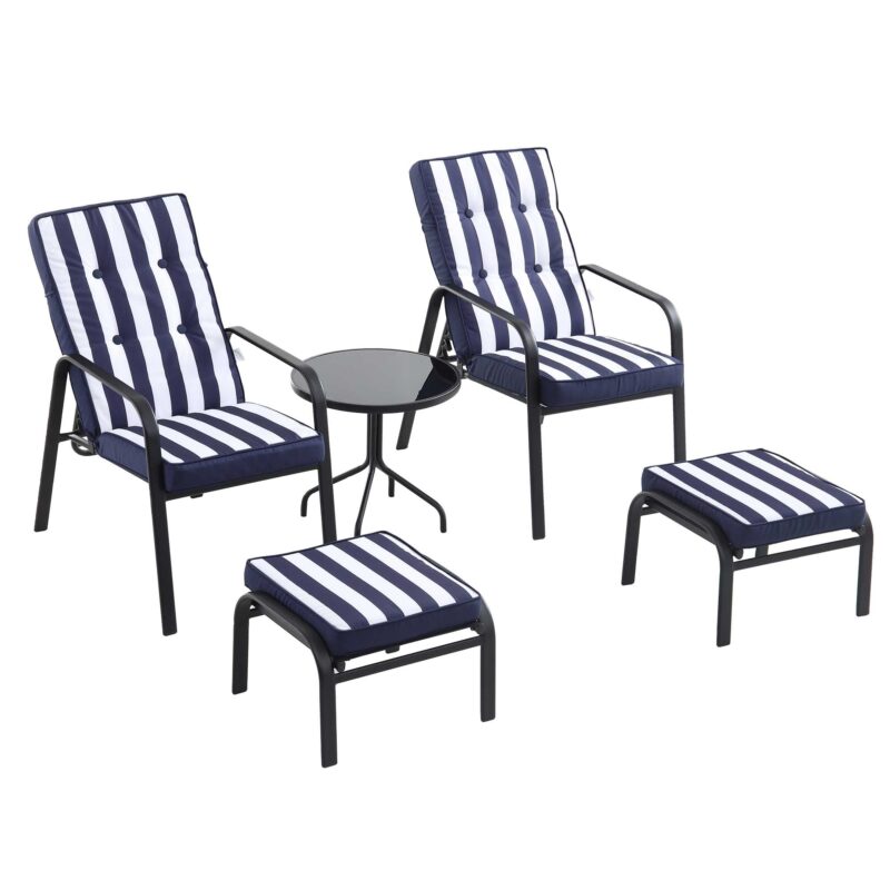 Champneys 2-Seater Steel and Fabric Outdoor Reclining Bistro Set with Stool, Blue - Image 6