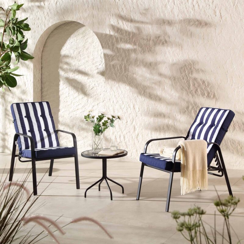Champneys 2-Seater Steel and Fabric Outdoor Reclining Bistro Set with Stool, Blue - Image 2