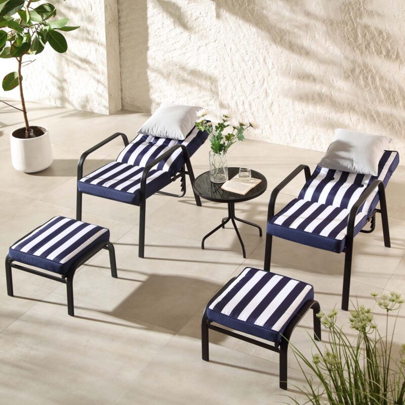 Champneys 2-Seater Steel and Fabric Outdoor Reclining Bistro Set with Stool, Blue - Image 3
