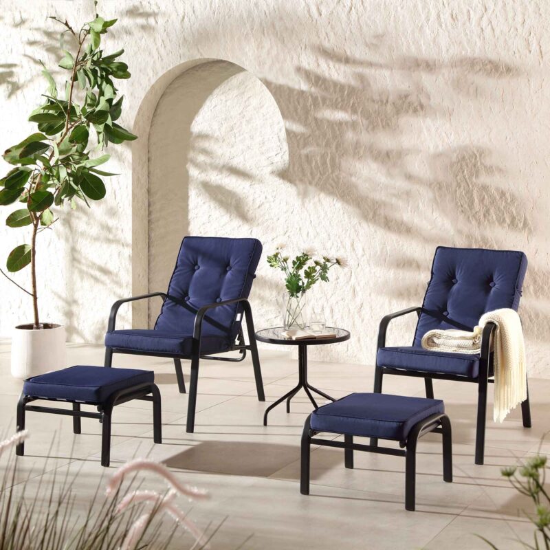Champneys 2-Seater Steel and Fabric Outdoor Reclining Bistro Set with Stool, Blue - Image 4