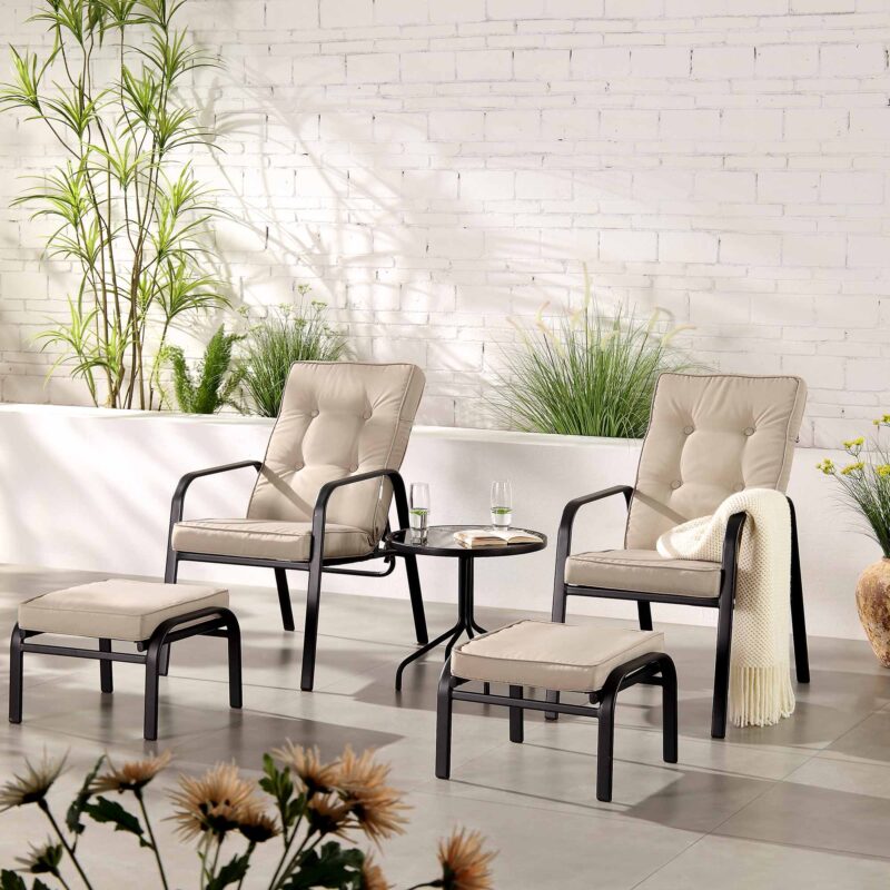 Champneys 2-Seater Steel and Fabric Outdoor Reclining Bistro Set with Stool, Taupe - Image 2