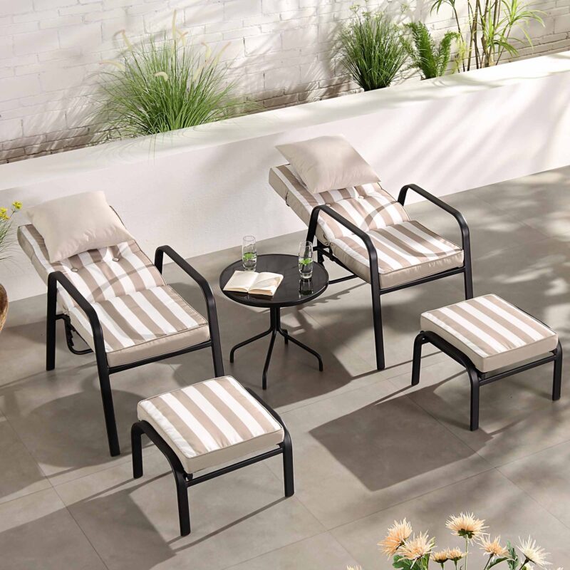 Champneys 2-Seater Steel and Fabric Outdoor Reclining Bistro Set with Stool, Taupe - Image 3