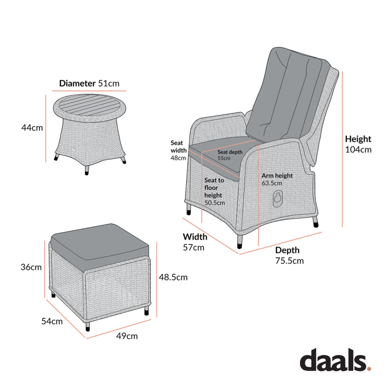 Hampshire 2-Seater Round Wicker Reclining Bistro Set with Stools, Light Grey - Image 9
