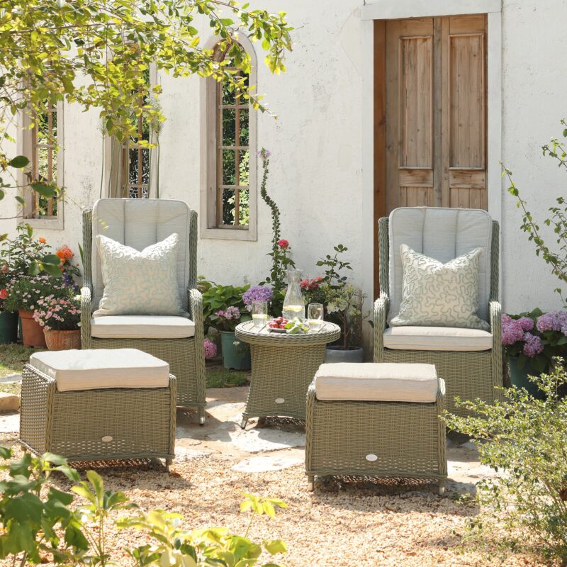 Hampshire 2-Seater Round Wicker Reclining Bistro Set with Stools, Desert Sage - Image 2