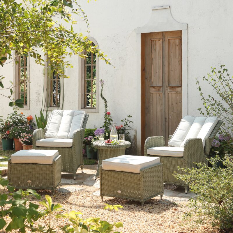 Hampshire 2-Seater Round Wicker Reclining Bistro Set with Stools, Desert Sage - Image 4