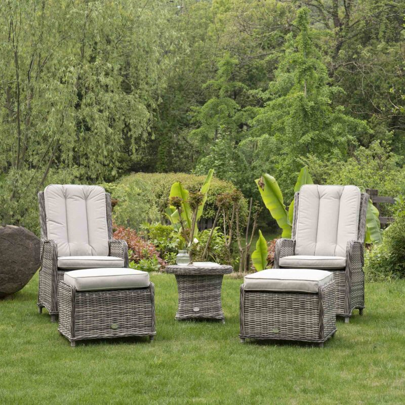 Hampshire 2-Seater Round Wicker Reclining Bistro Set with Stools, Light Grey - Image 3