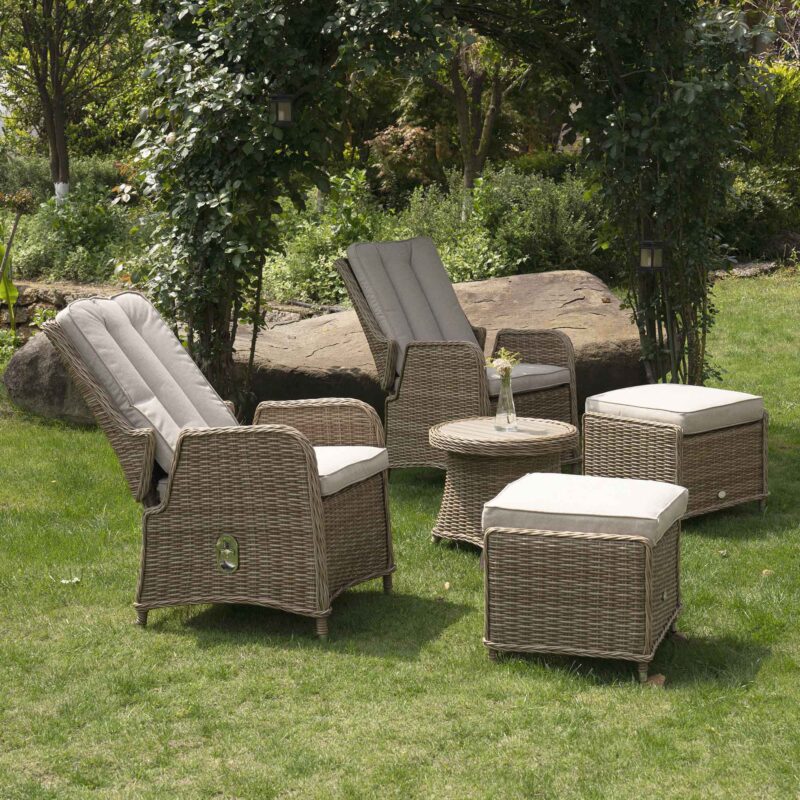 Hampshire 2-Seater Round Wicker Reclining Bistro Set with Stools, Natural - Image 2