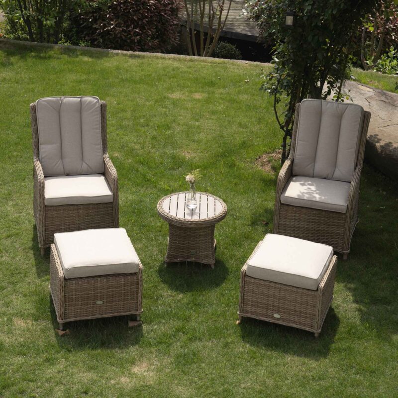 Hampshire 2-Seater Round Wicker Reclining Bistro Set with Stools, Natural - Image 3