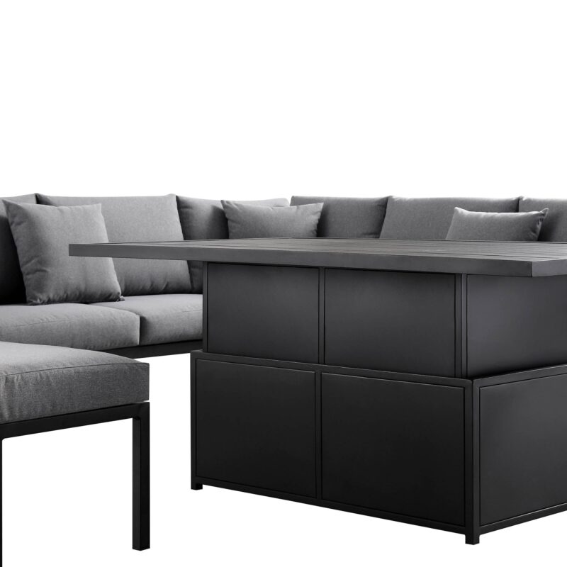 Calabasas Large Outdoor Fabric and Aluminium Corner Casual Dining Set with Rising Table, Dark Grey - Image 15