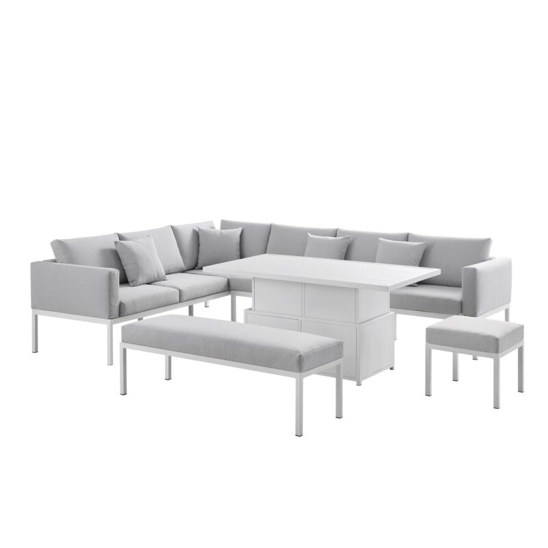 Calabasas Large Outdoor Fabric and Aluminium Corner Casual Dining Set with Rising Table, Light Grey - Image 5