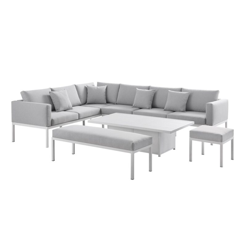 Calabasas Large Outdoor Fabric and Aluminium Corner Casual Dining Set with Rising Table, Light Grey - Image 7