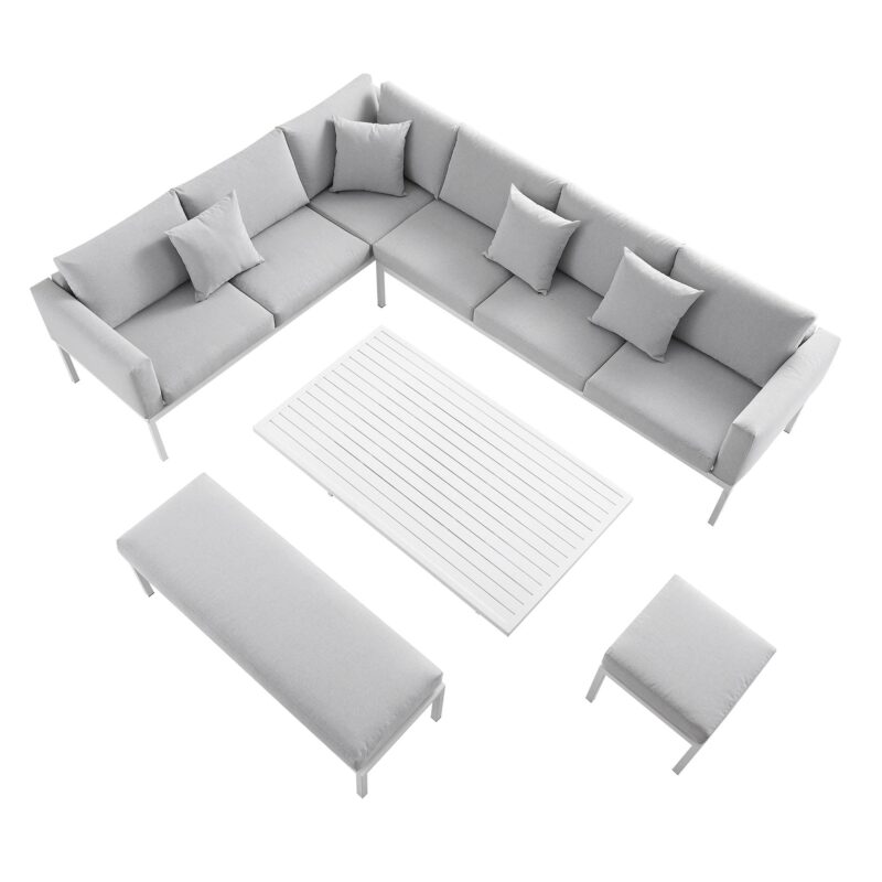 Calabasas Large Outdoor Fabric and Aluminium Corner Casual Dining Set with Rising Table, Light Grey - Image 8
