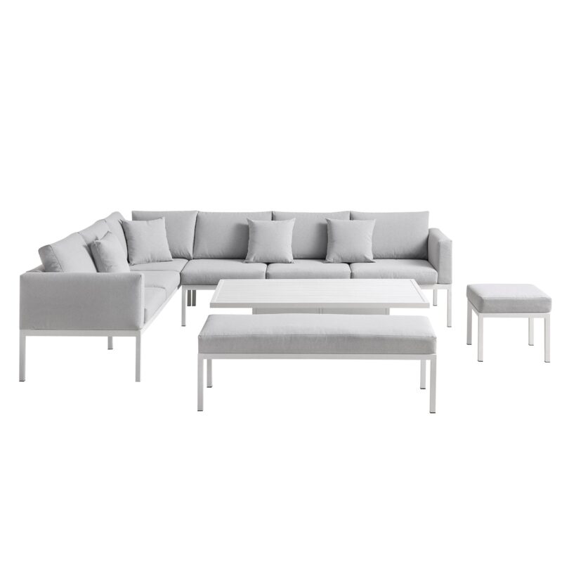 Calabasas Large Outdoor Fabric and Aluminium Corner Casual Dining Set with Rising Table, Light Grey - Image 9