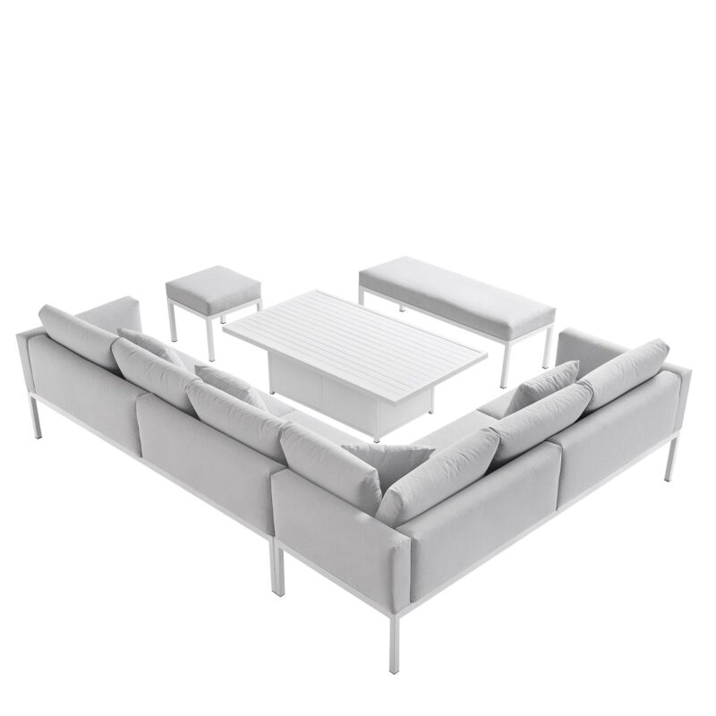 Calabasas Large Outdoor Fabric and Aluminium Corner Casual Dining Set with Rising Table, Light Grey - Image 10