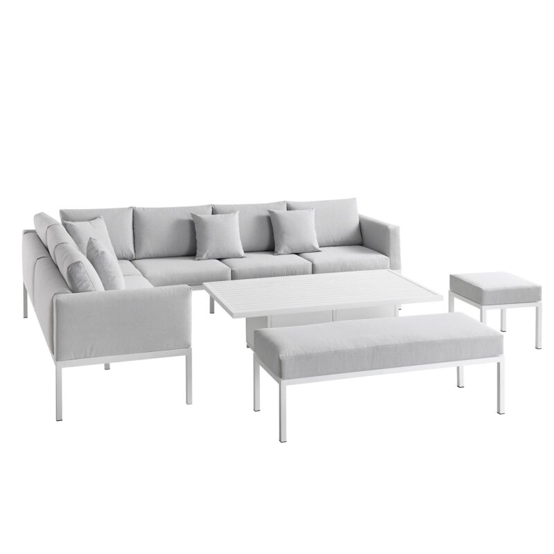Calabasas Large Outdoor Fabric and Aluminium Corner Casual Dining Set with Rising Table, Light Grey - Image 11