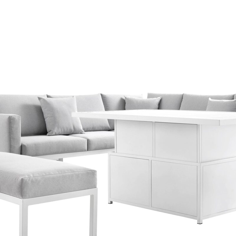 Calabasas Large Outdoor Fabric and Aluminium Corner Casual Dining Set with Rising Table, Light Grey - Image 12