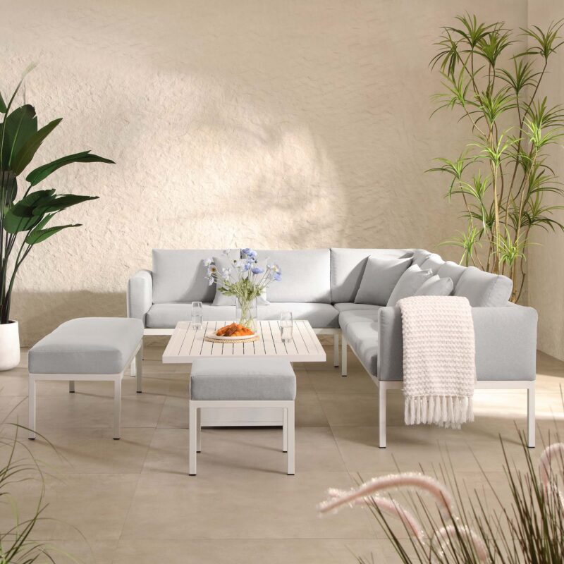 Calabasas Large Outdoor Fabric and Aluminium Corner Casual Dining Set with Rising Table, Light Grey - Image 2