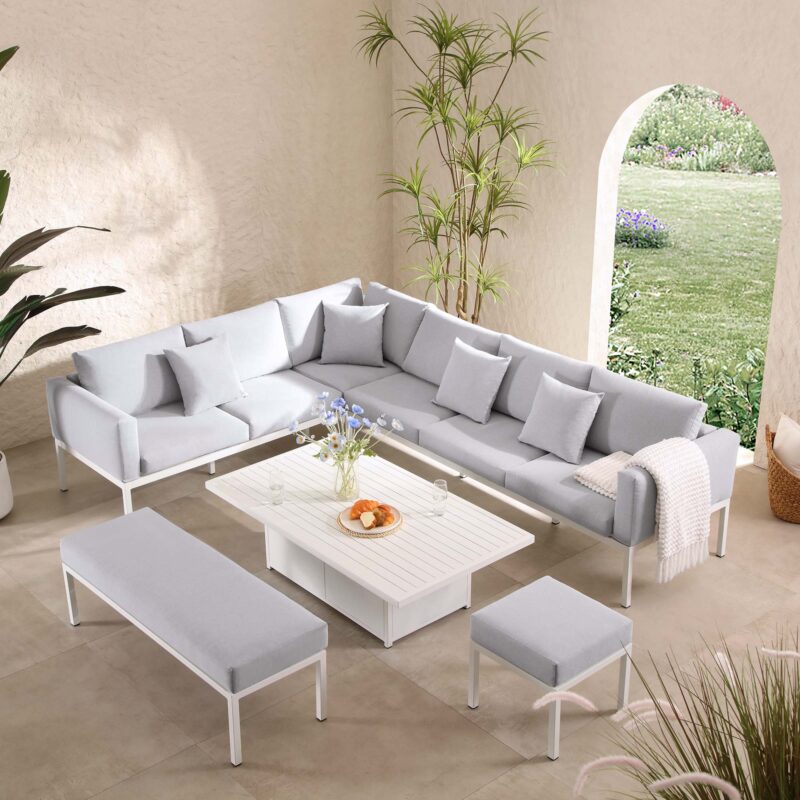 Calabasas Large Outdoor Fabric and Aluminium Corner Casual Dining Set with Rising Table, Light Grey - Image 3
