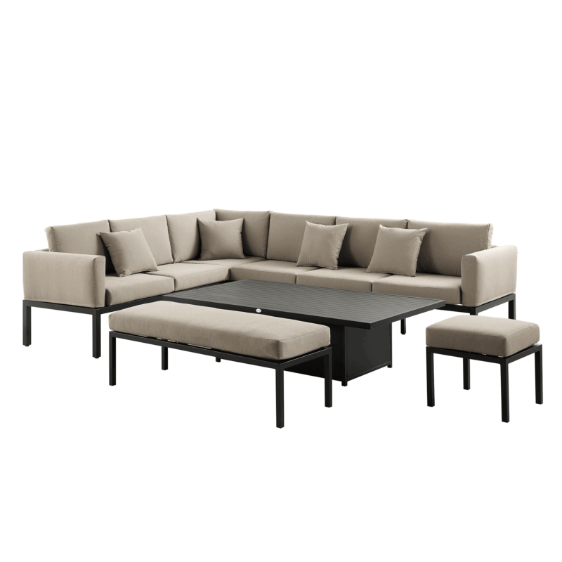 Calabasas Large Outdoor Fabric and Aluminium Corner Casual Dining Set with Rising Table, Taupe - Image 2