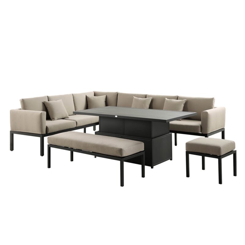 Calabasas Large Outdoor Fabric and Aluminium Corner Casual Dining Set with Rising Table, Taupe - Image 3