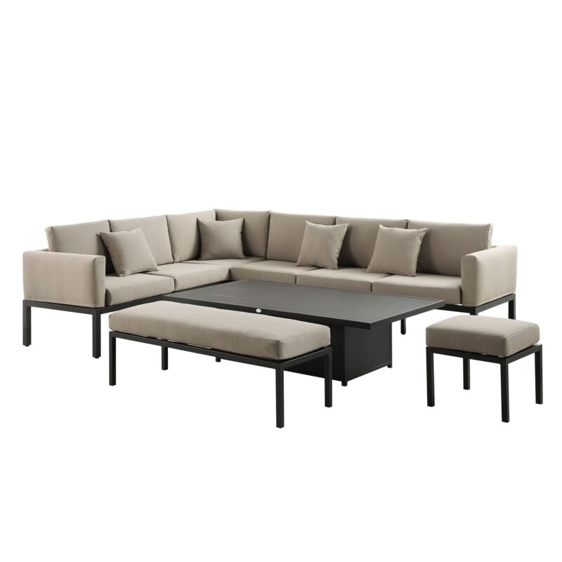 Calabasas Large Outdoor Fabric and Aluminium Corner Casual Dining Set with Rising Table, Taupe - Image 5