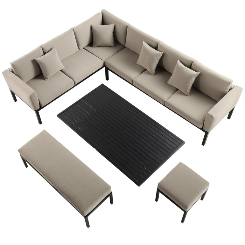 Calabasas Large Outdoor Fabric and Aluminium Corner Casual Dining Set with Rising Table, Taupe - Image 6