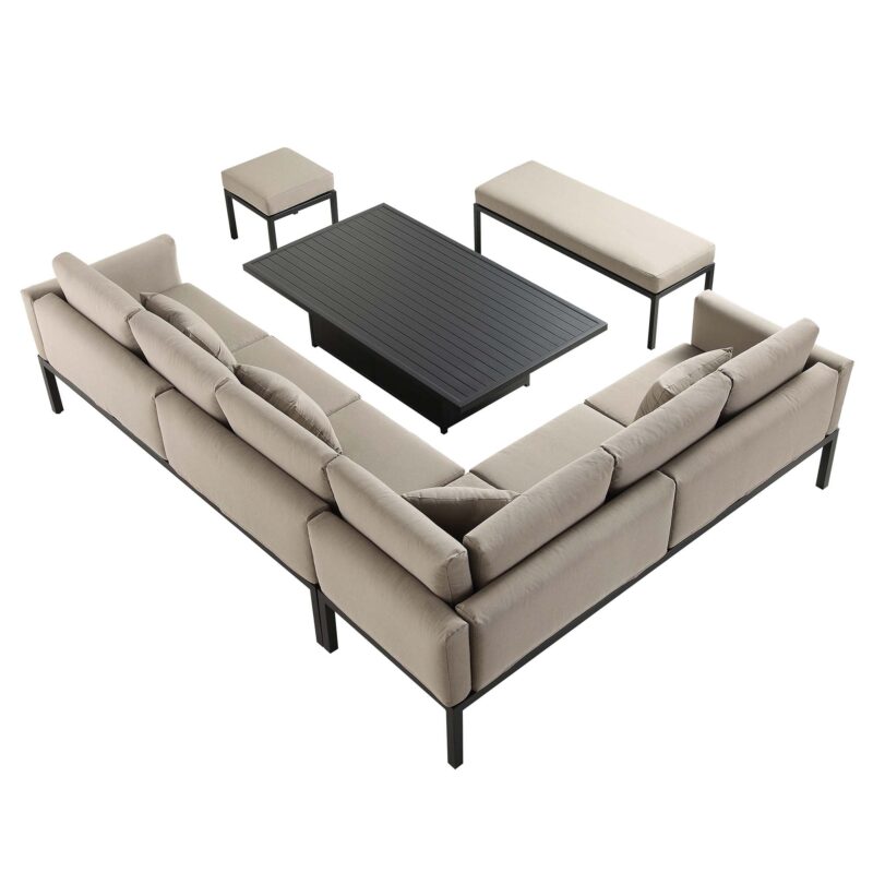 Calabasas Large Outdoor Fabric and Aluminium Corner Casual Dining Set with Rising Table, Taupe - Image 7
