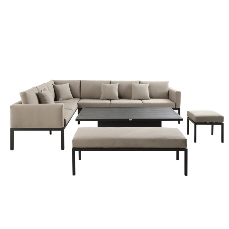 Calabasas Large Outdoor Fabric and Aluminium Corner Casual Dining Set with Rising Table, Taupe - Image 8