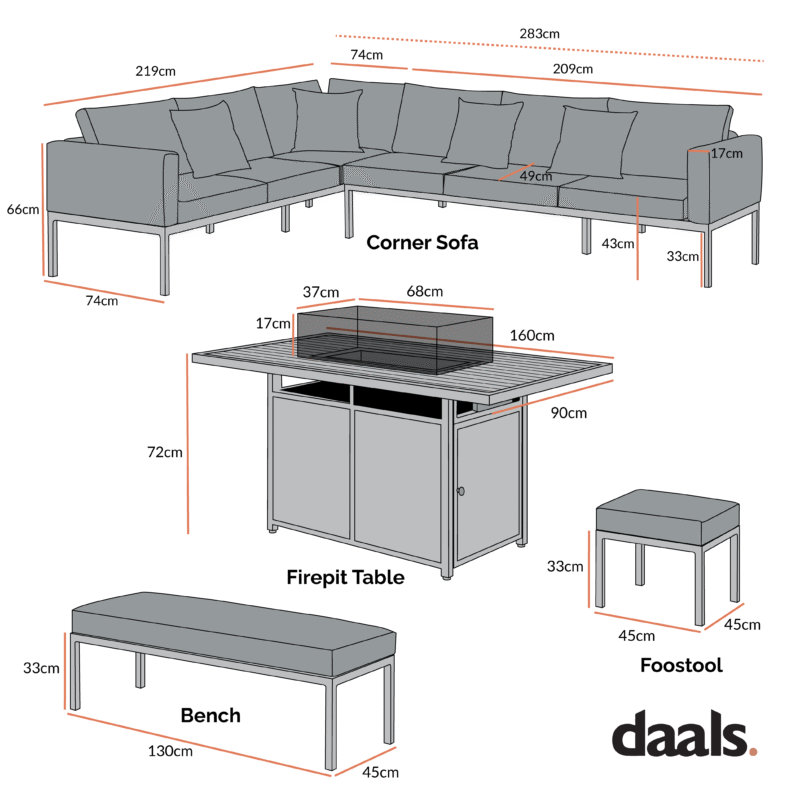 Calabasas Large Outdoor Fabric and Aluminium Corner Casual Dining Set with Firepit Table, Dark Grey - Image 6