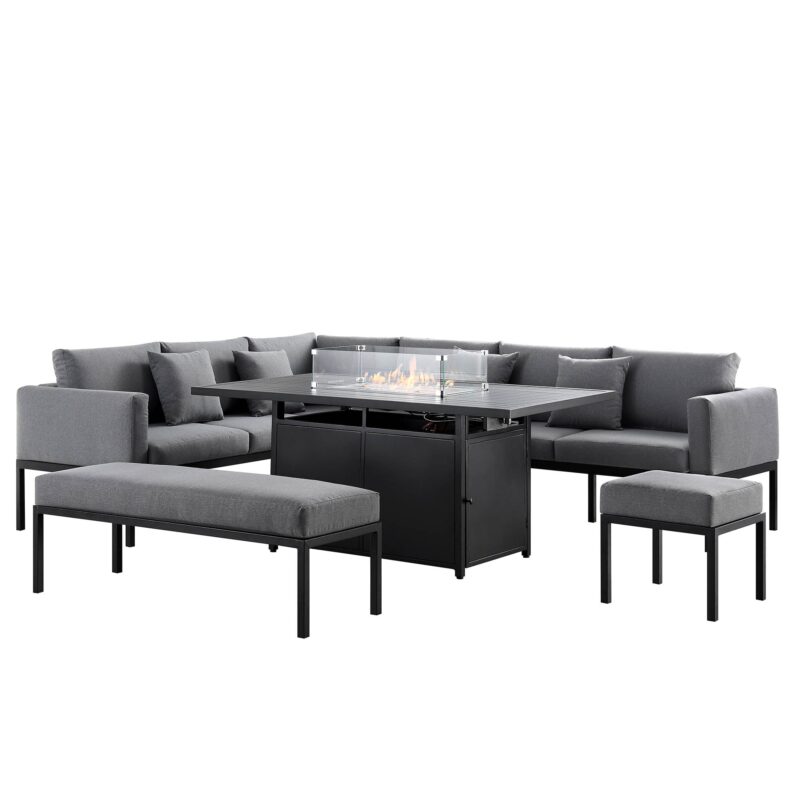 Calabasas Large Outdoor Fabric and Aluminium Corner Casual Dining Set with Firepit Table, Dark Grey - Image 4