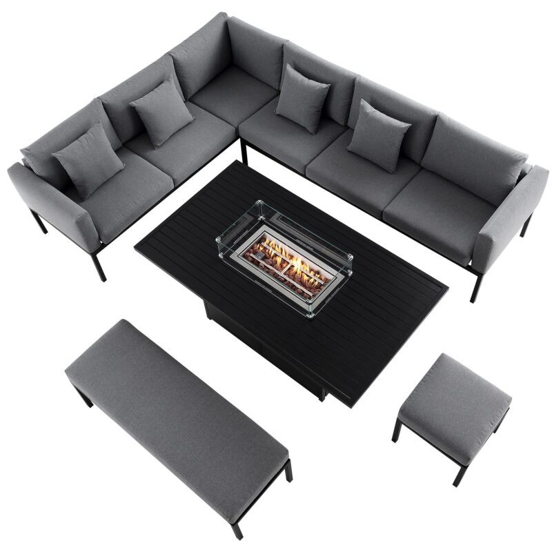 Calabasas Large Outdoor Fabric and Aluminium Corner Casual Dining Set with Firepit Table, Dark Grey - Image 5