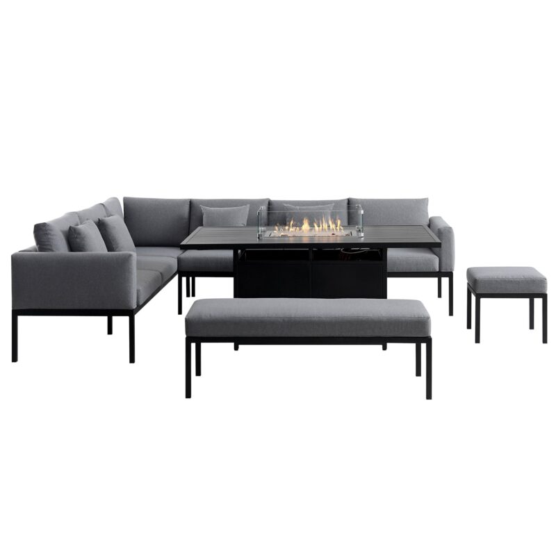 Calabasas Large Outdoor Fabric and Aluminium Corner Casual Dining Set with Firepit Table, Dark Grey - Image 7