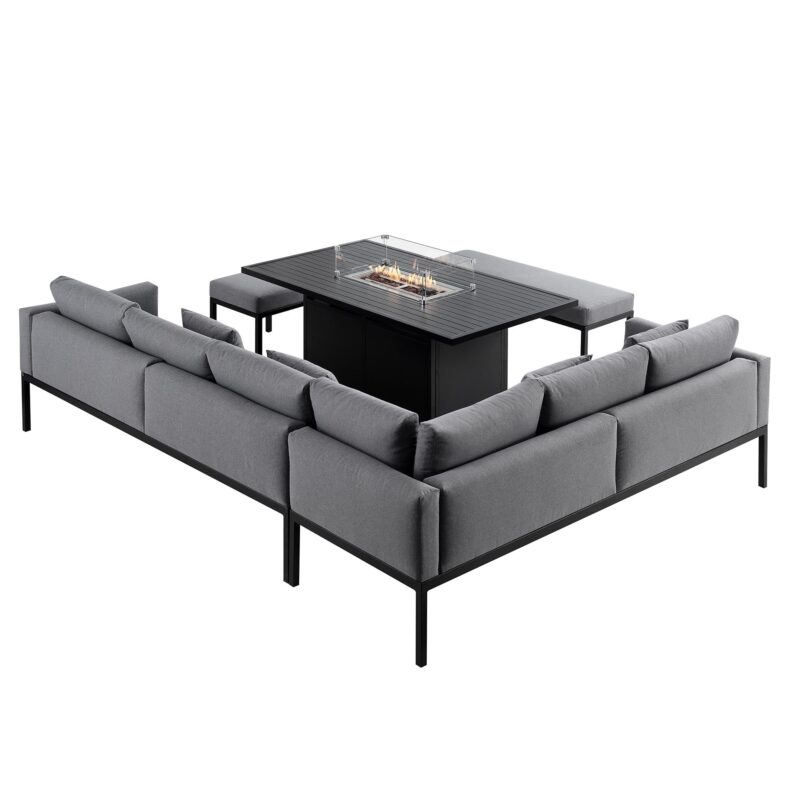 Calabasas Large Outdoor Fabric and Aluminium Corner Casual Dining Set with Firepit Table, Dark Grey - Image 9