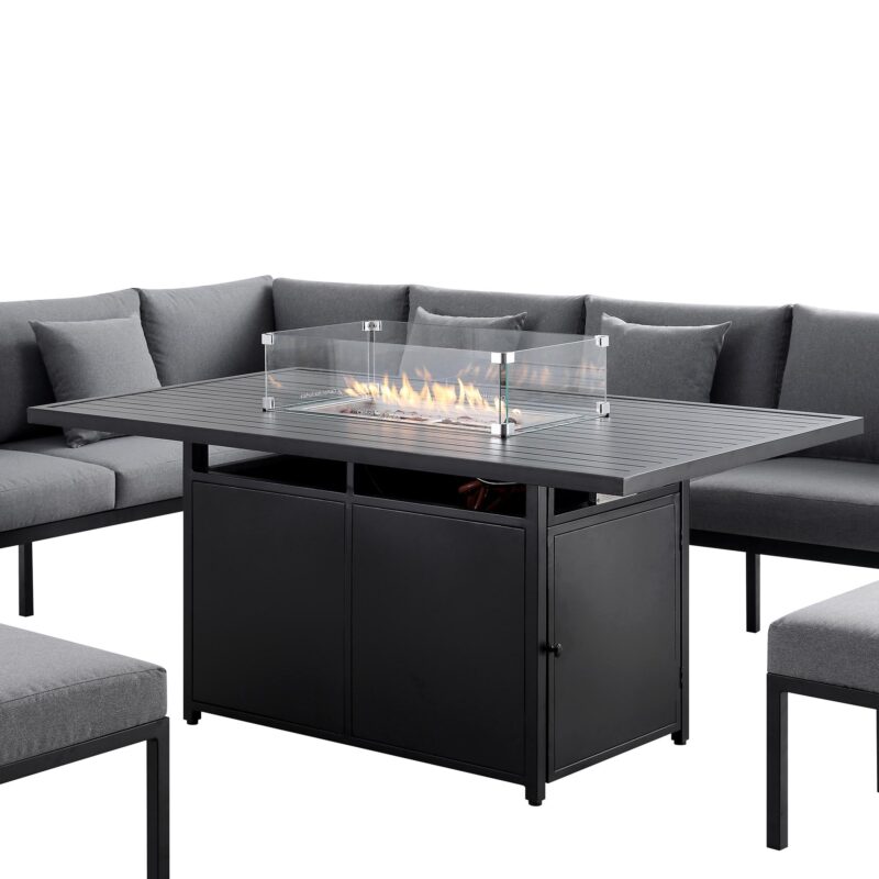 Calabasas Large Outdoor Fabric and Aluminium Corner Casual Dining Set with Firepit Table, Dark Grey - Image 10