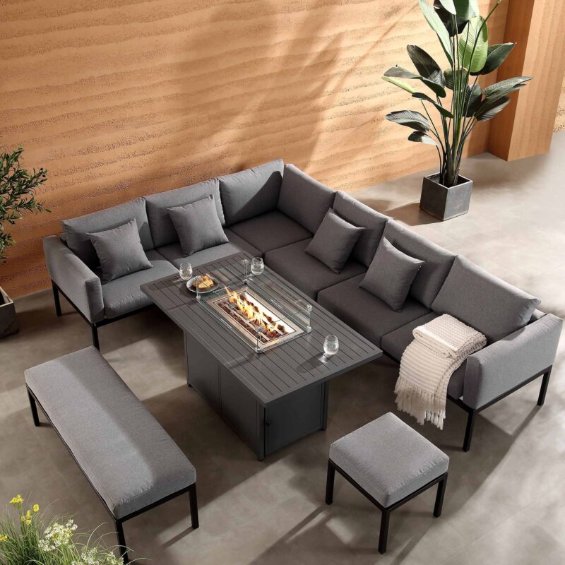 Calabasas Large Outdoor Fabric and Aluminium Corner Casual Dining Set with Firepit Table, Dark Grey - Image 2