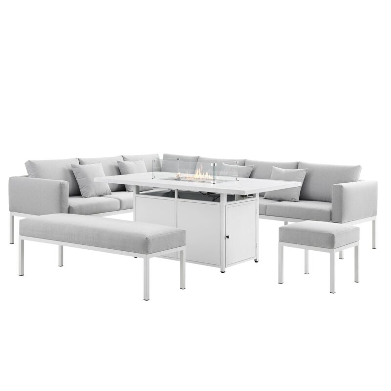 Calabasas Large Outdoor Fabric and Aluminium Corner Casual Dining Set with Firepit Table, Light Grey - Image 7