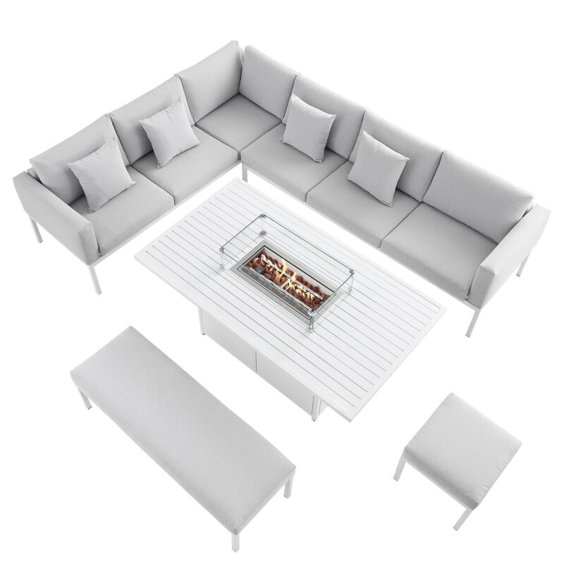 Calabasas Large Outdoor Fabric and Aluminium Corner Casual Dining Set with Firepit Table, Light Grey - Image 5