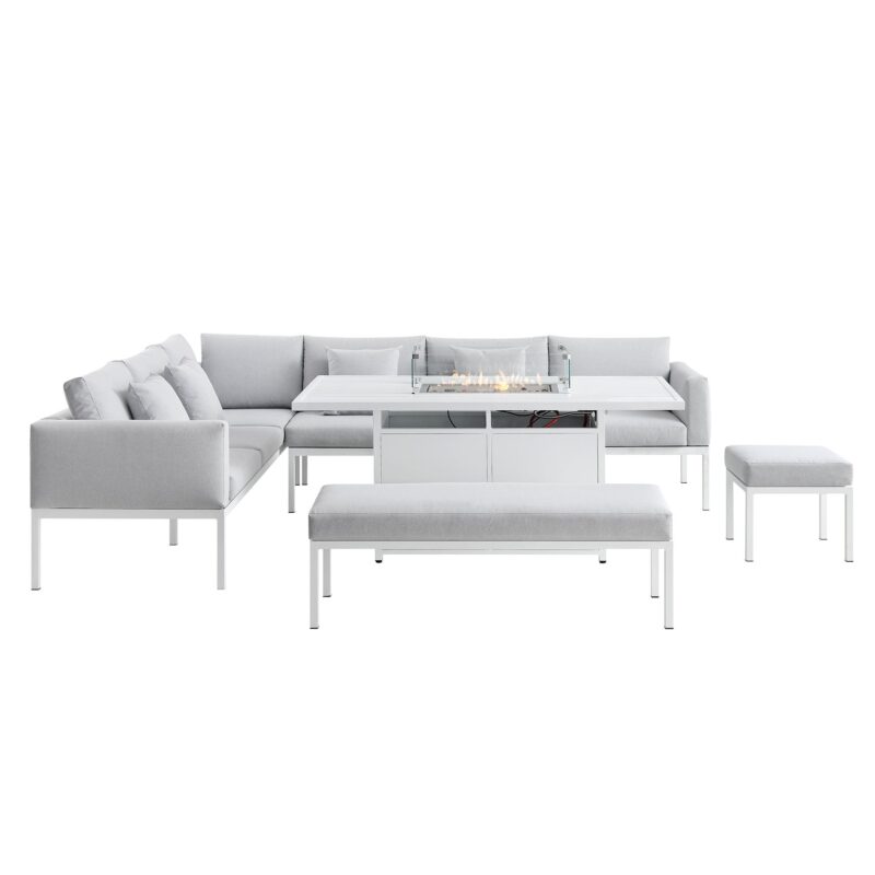 Calabasas Large Outdoor Fabric and Aluminium Corner Casual Dining Set with Firepit Table, Light Grey - Image 6