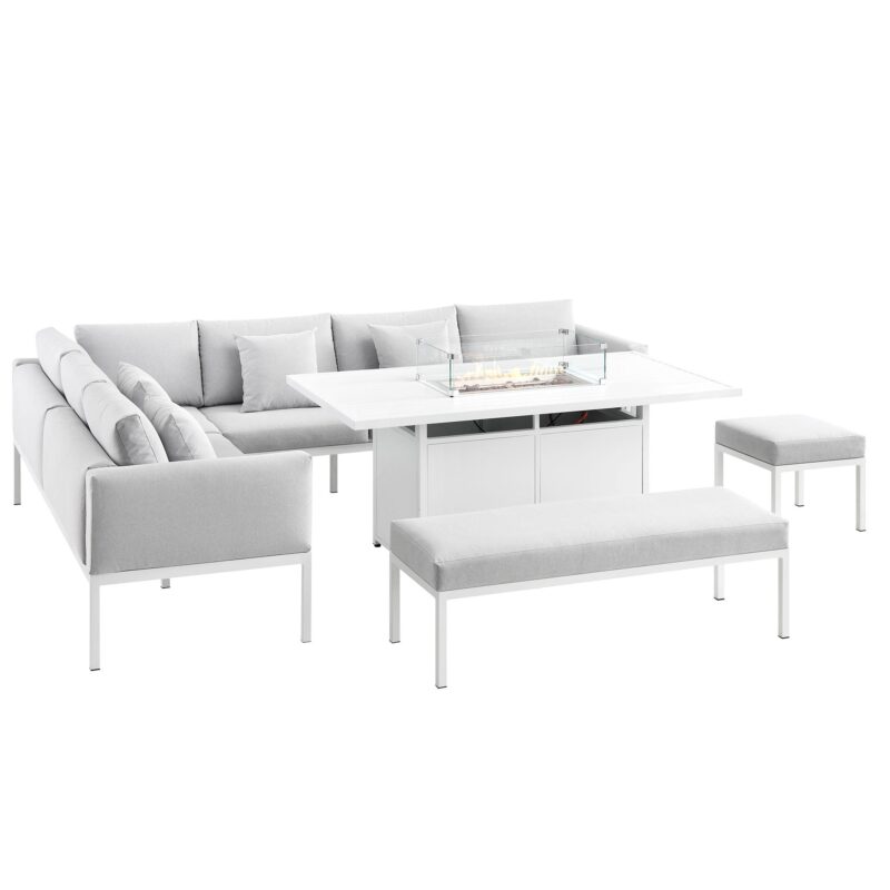Calabasas Large Outdoor Fabric and Aluminium Corner Casual Dining Set with Firepit Table, Light Grey - Image 9