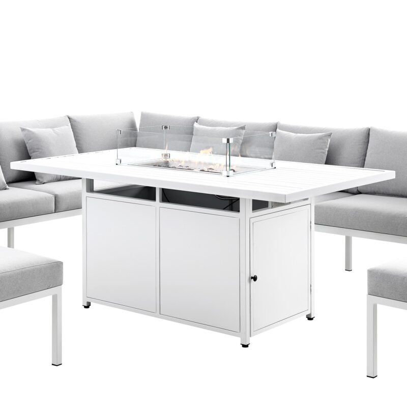 Calabasas Large Outdoor Fabric and Aluminium Corner Casual Dining Set with Firepit Table, Light Grey - Image 11
