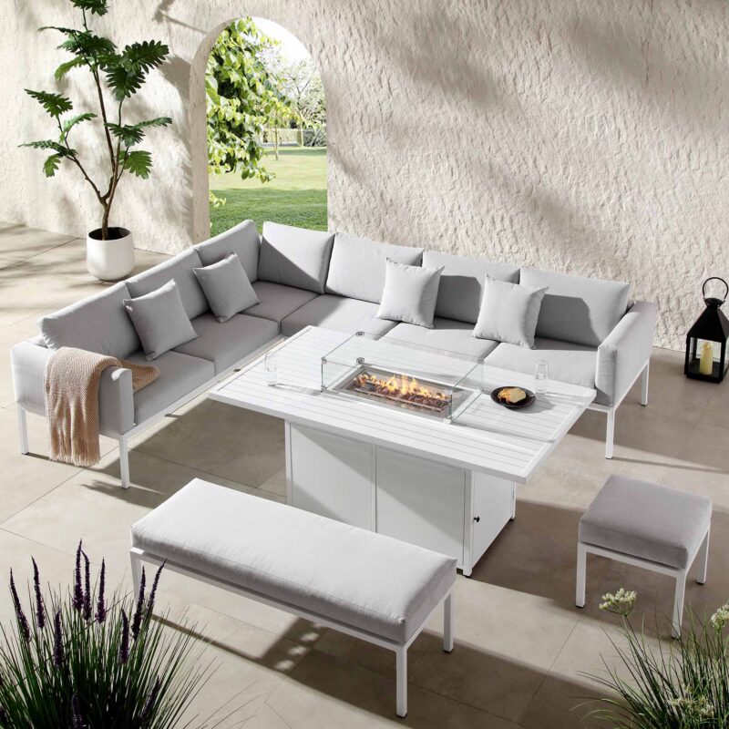 Calabasas Large Outdoor Fabric and Aluminium Corner Casual Dining Set with Firepit Table, Light Grey - Image 2