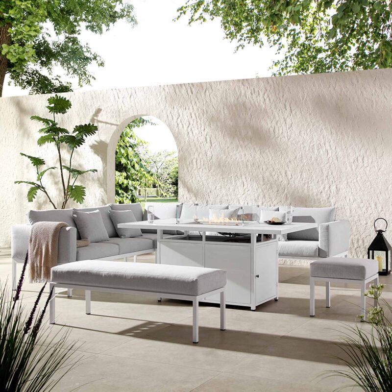 Calabasas Large Outdoor Fabric and Aluminium Corner Casual Dining Set with Firepit Table, Light Grey - Image 3