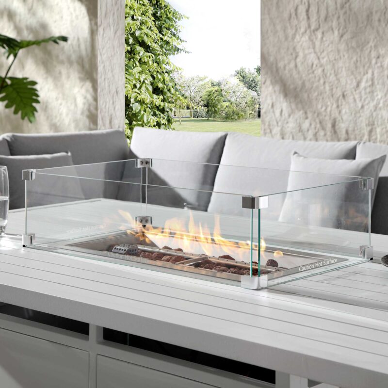 Calabasas Large Outdoor Fabric and Aluminium Corner Casual Dining Set with Firepit Table, Light Grey - Image 4