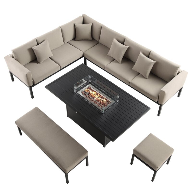 Calabasas Large Outdoor Fabric and Aluminium Corner Casual Dining Set with Firepit Table, Taupe - Image 3