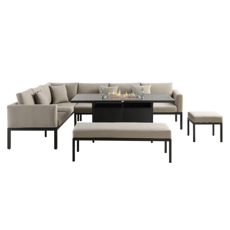 Calabasas Large Outdoor Fabric and Aluminium Corner Casual Dining Set with Firepit Table, Taupe - Image 5