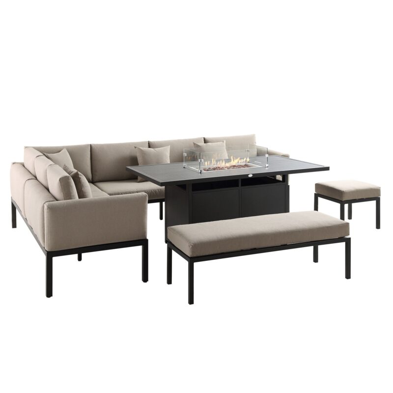 Calabasas Large Outdoor Fabric and Aluminium Corner Casual Dining Set with Firepit Table, Taupe - Image 6