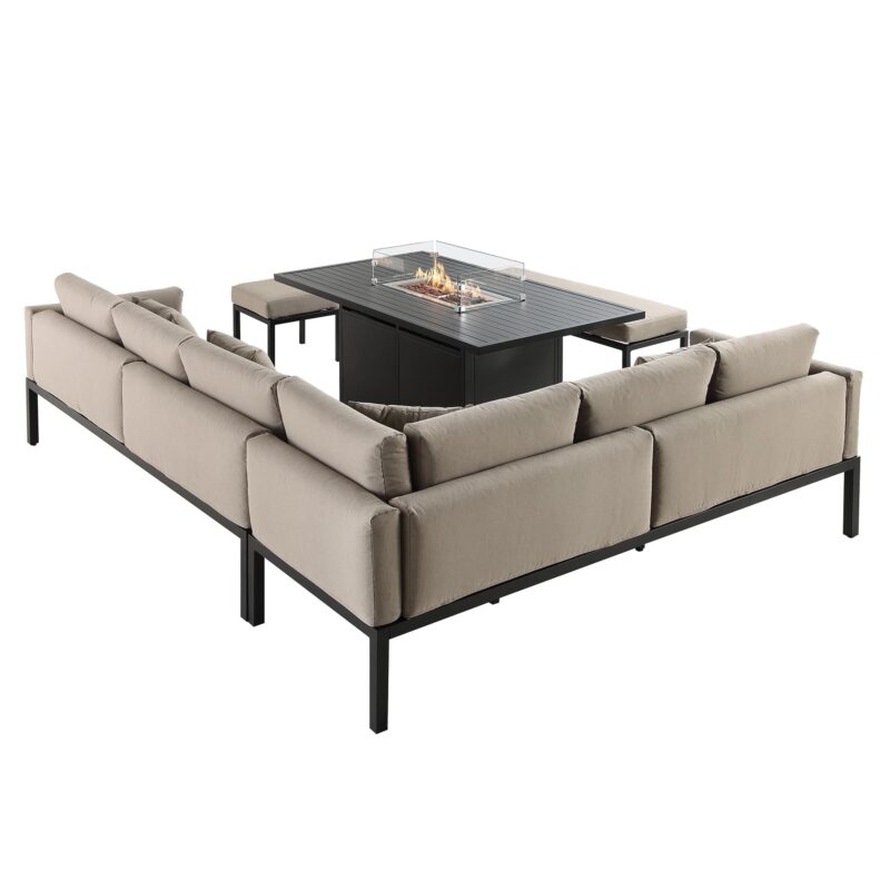 Calabasas Large Outdoor Fabric and Aluminium Corner Casual Dining Set with Firepit Table, Taupe - Image 7