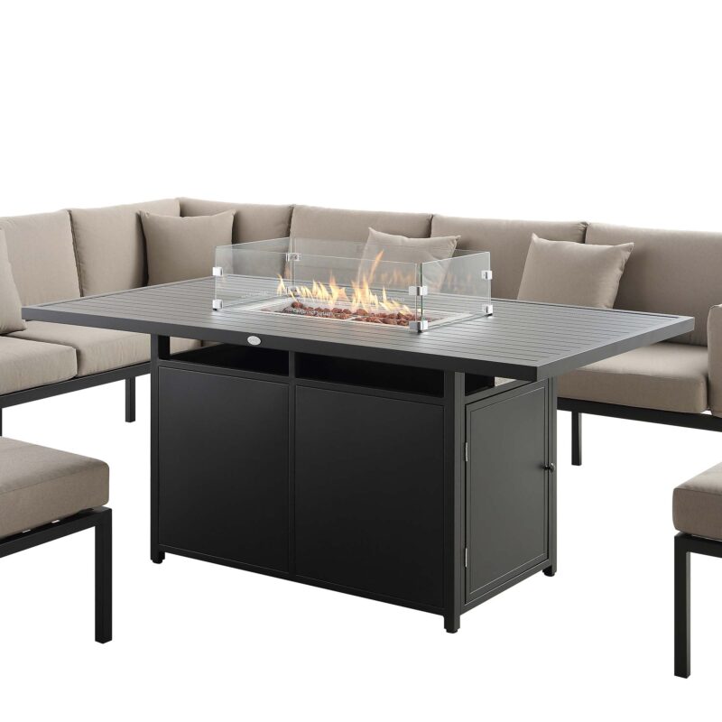 Calabasas Large Outdoor Fabric and Aluminium Corner Casual Dining Set with Firepit Table, Taupe - Image 8