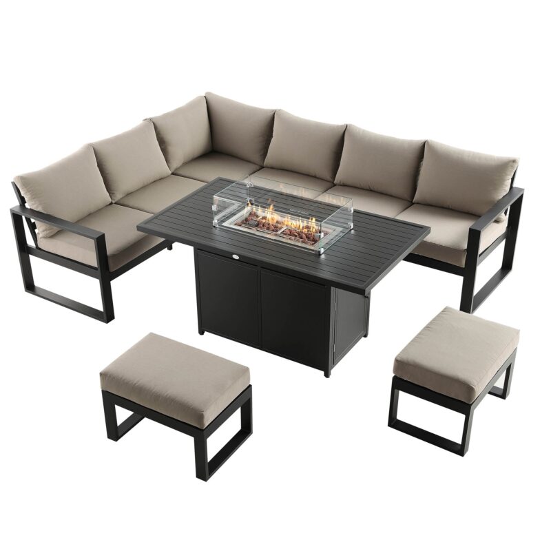 Albany Aluminium Large Corner Casual Dining Set with Firepit Table, Taupe - Image 4