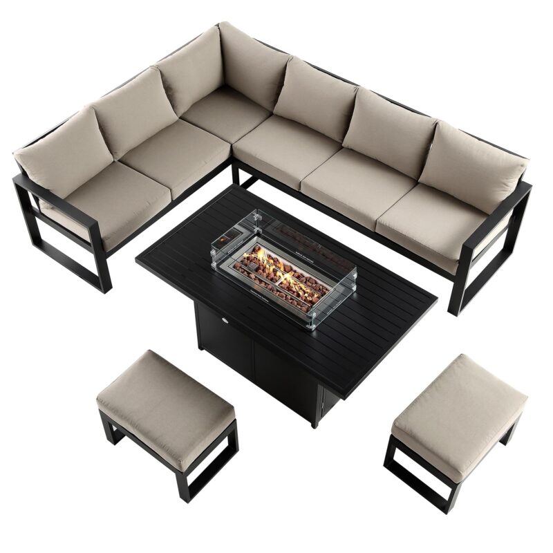 Albany Aluminium Large Corner Casual Dining Set with Firepit Table, Taupe - Image 7